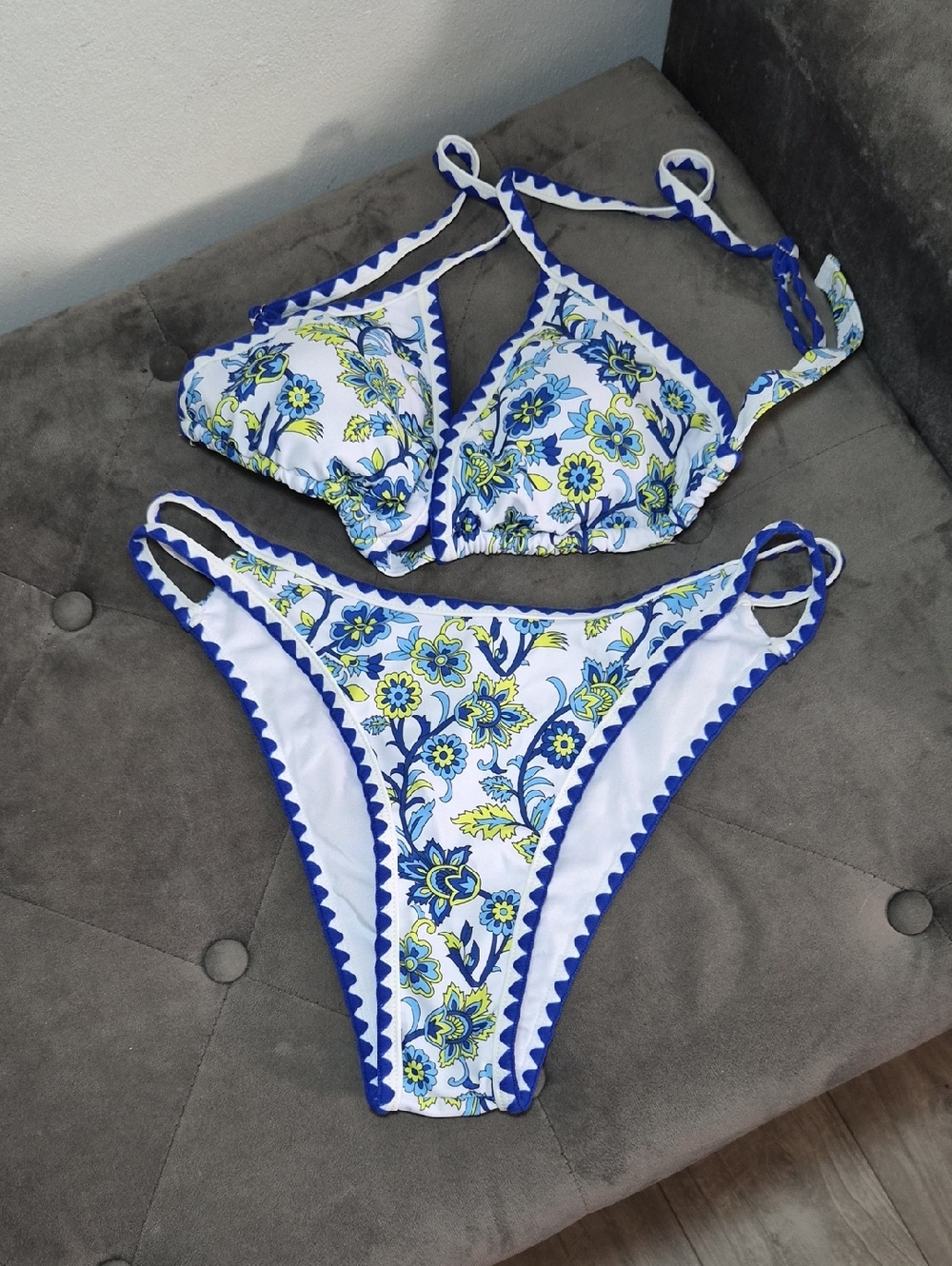 Floral Blue & White Triangle Bikini Set